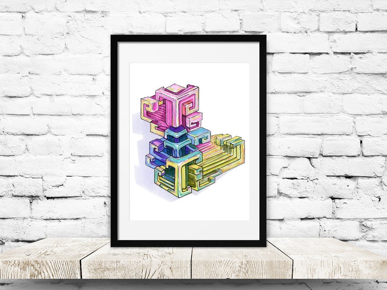 May include: Abstract geometric art print featuring a colorful, multi-dimensional cube design in shades of pink, blue, yellow, and green. The artwork is framed in black and displayed on a white brick wall.