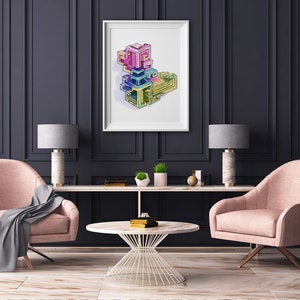 May include: A framed illustration of a colorful geometric abstract design in a living room setting with two pink armchairs, a coffee table, and two lamps.