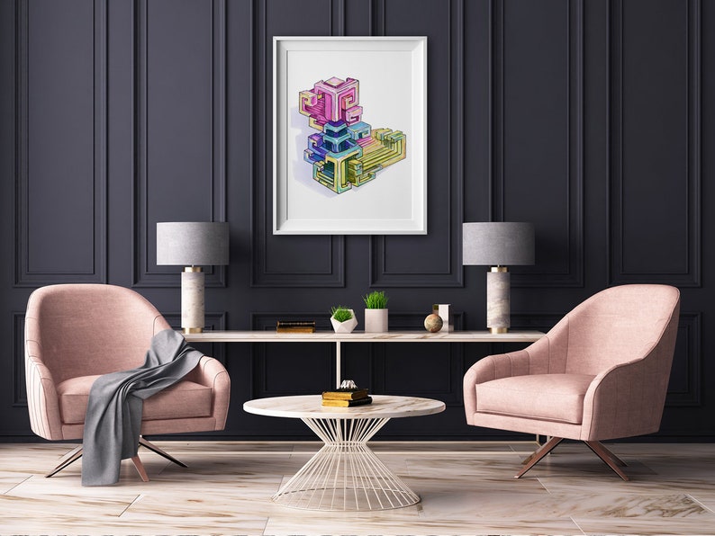 May include: A framed illustration of a colorful geometric abstract design in a living room setting with two pink armchairs, a coffee table, and two lamps.