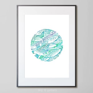 Fish in a circle printable wall art River fish drawing Blue color art poster Gift for fisherman Digital print instant download