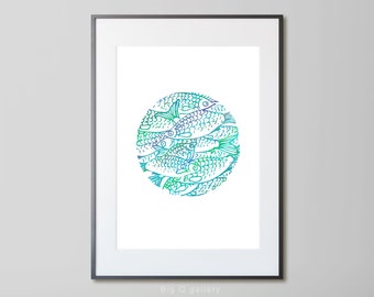 Fish in a circle printable wall art River fish drawing Blue color art poster Gift for fisherman Digital print instant download