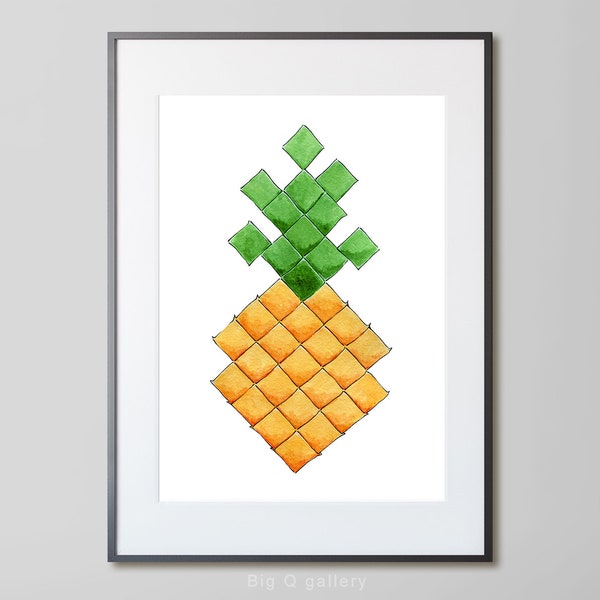 Pineapple nursery drawing printable wall art, Hand drawn pixel art Pineapple poster, cartoon tropical fruit, Digital print instant download