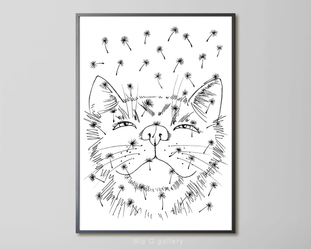 Cute Cat Sketch Printable Wall Art Cat and Dandelion Romantic Drawing ...