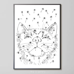 Cute Cat sketch Printable wall art Cat and dandelion romantic drawing Black and white animal Drawn kitten Digital print instant download