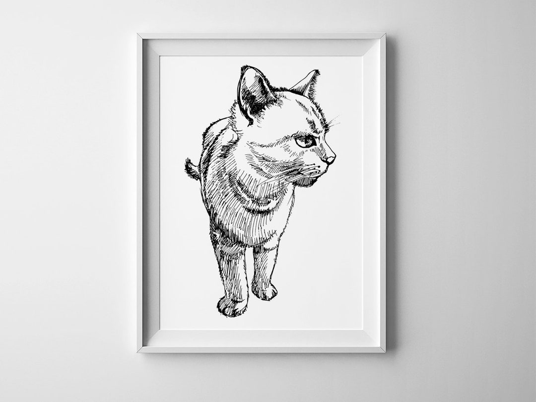 Cat Sketch Printable Wall Art Black and White Print Drawn Animal Poster ...