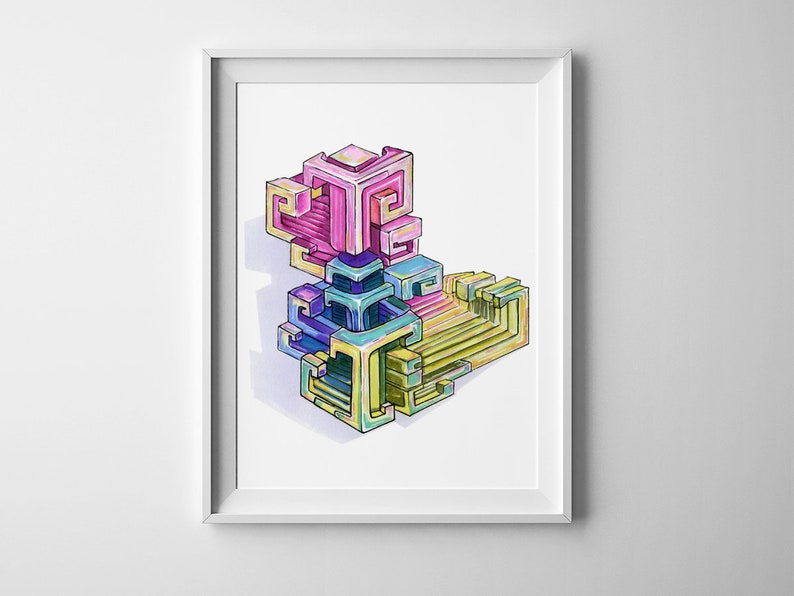 May include: Abstract geometric art print featuring a multi-colored, layered, 3D design with pink, blue, green, and yellow hues. The design is reminiscent of a modern architectural structure.