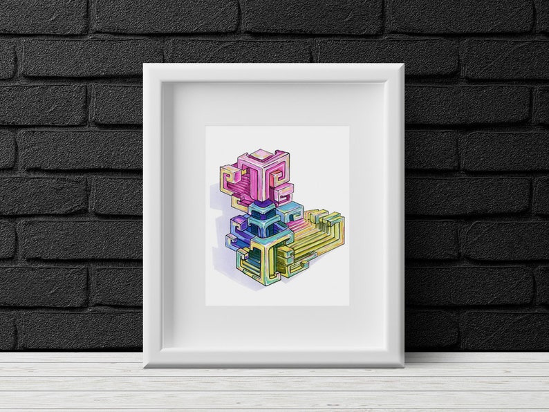 May include: A framed print of a colorful abstract geometric design. The design is made up of overlapping cubes in shades of pink, blue, green, and yellow.
