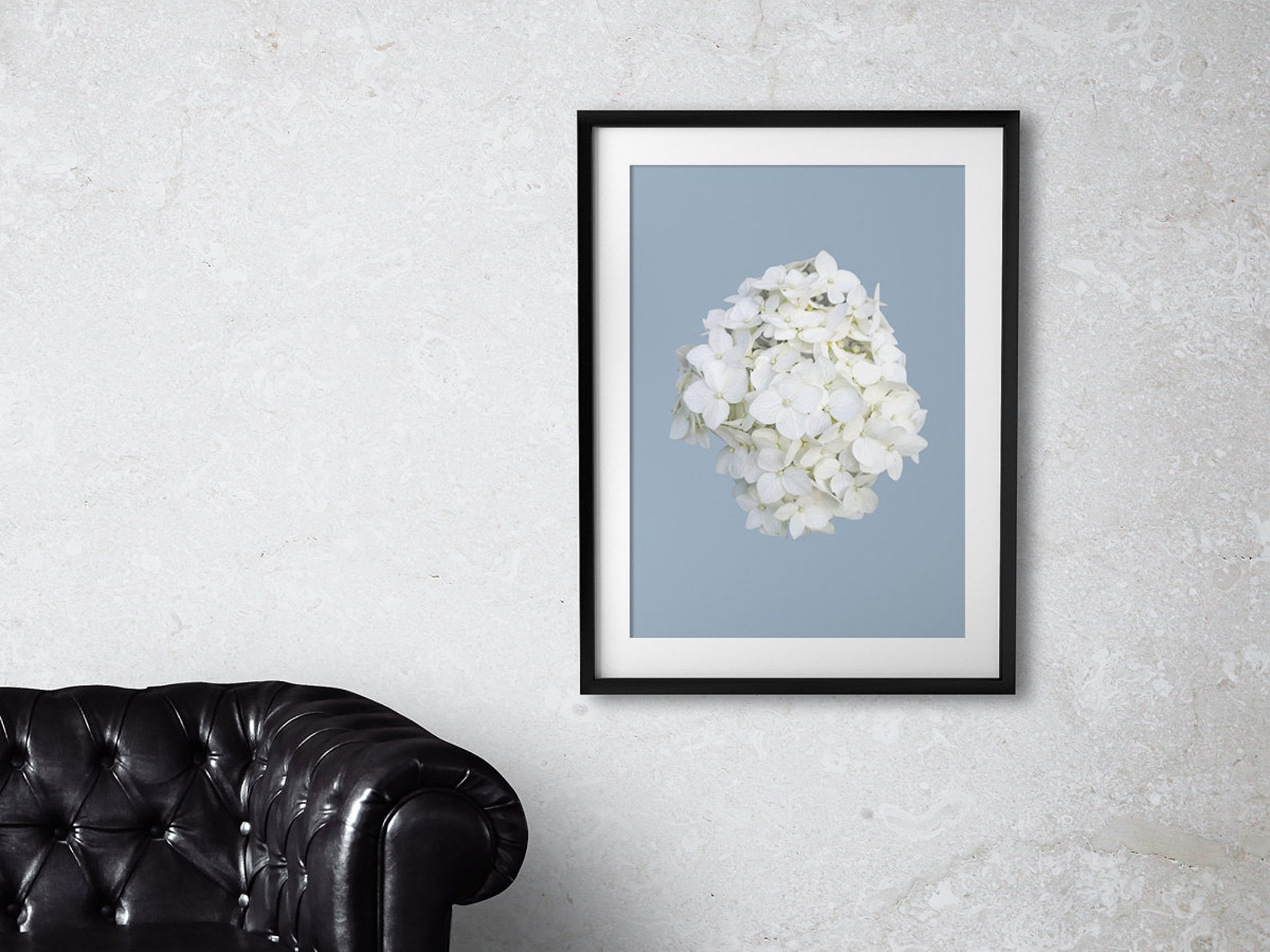 White Hydrangea Printable Wall Art Flower on Blue Art Photography