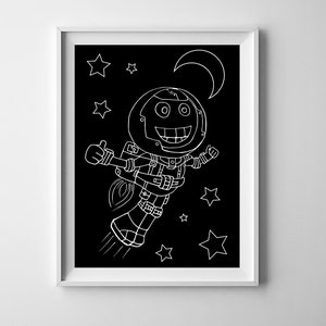 Astronauta de dibujos animados en el espacio negro. Cartel imprimible para niños. Arte de pared imprimible. Impresión digital