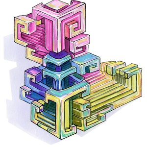 May include: Abstract geometric art piece with a 3D design. The piece is made up of multiple cubes and rectangles in shades of pink, blue, yellow, and green.