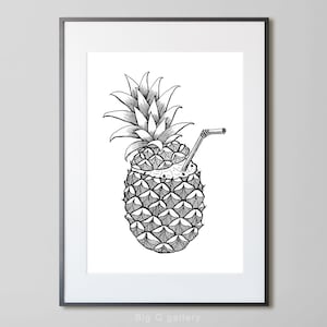 Pineapple Printable wall art Tropical fruit Black and white Botanical drawing Digital print instant download