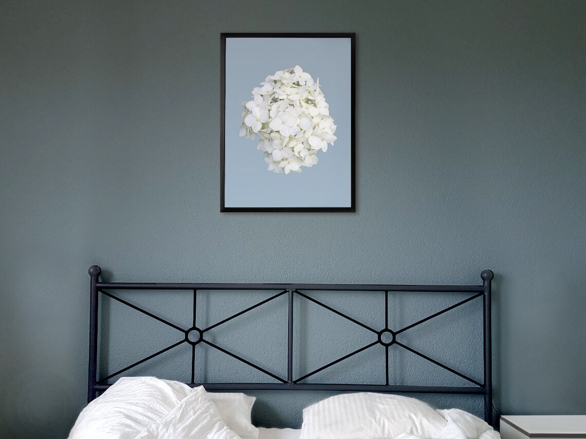 White Hydrangea Printable Wall Art Flower on Blue Art Photography