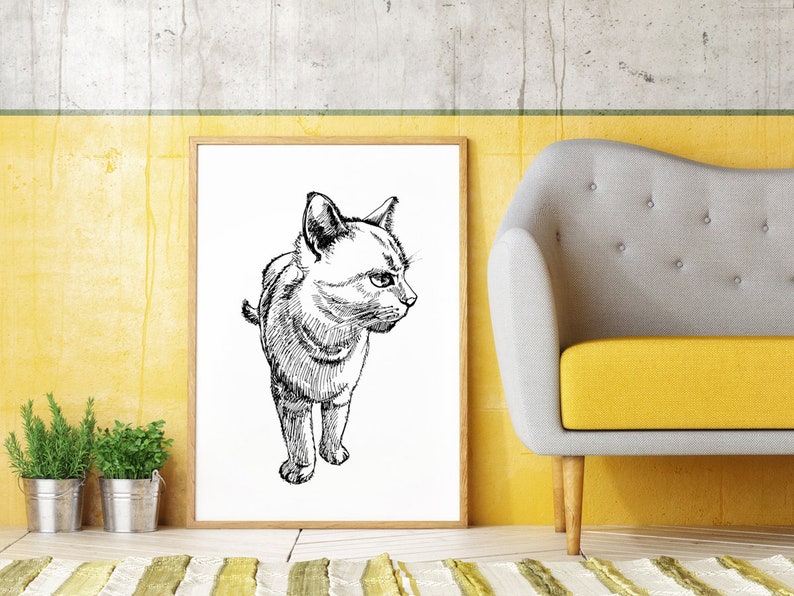 Cat Sketch Printable Wall Art Black and White Print Drawn Animal Poster ...