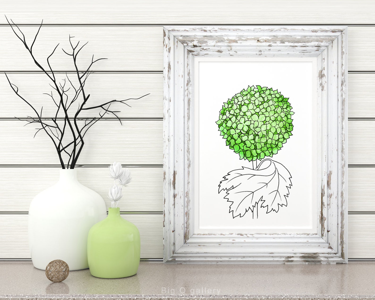 Green hydrangea printable wall art Watercolor flower | Etsy