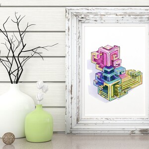 May include: A framed print of a colorful abstract geometric design. The design is made up of overlapping cubes in shades of pink, blue, yellow, and green.
