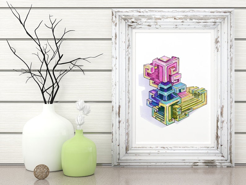 May include: A framed print of a colorful abstract geometric design. The design is made up of overlapping cubes in shades of pink, blue, yellow, and green.