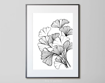 Ginkgo tree printable wall art Black and white graphic Botanical art ginkgo leaves drawing Digital print instant download