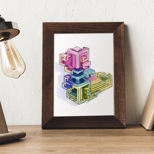 May include: A framed print of a colorful abstract geometric design. The design is made up of overlapping squares and rectangles in shades of pink, blue, green, and yellow.