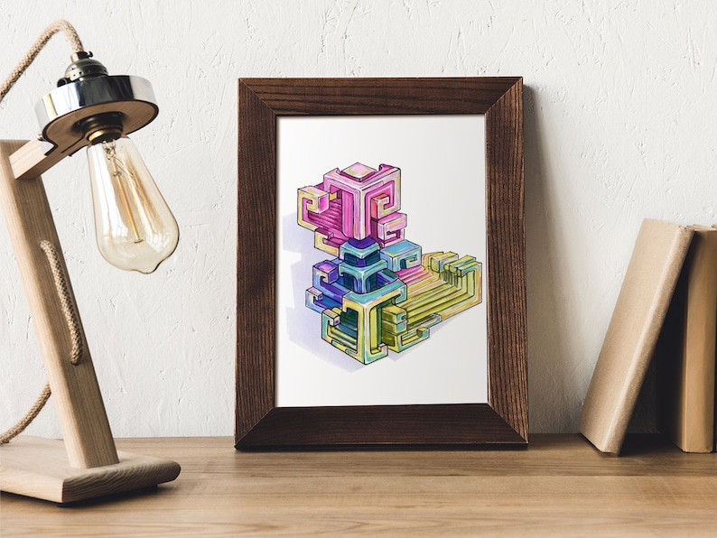 May include: A framed print of a colorful abstract geometric design. The design is made up of overlapping squares and rectangles in shades of pink, blue, green, and yellow.