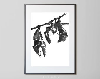 Bat ink drawing Printable wall art Black and white animal sketch Digital print instant download