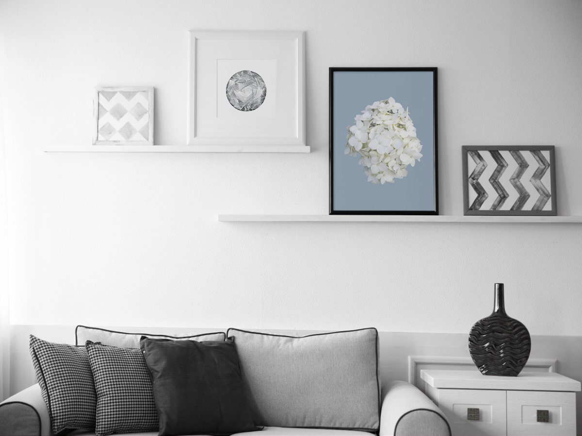 White Hydrangea Printable Wall Art Flower on Blue Art Photography