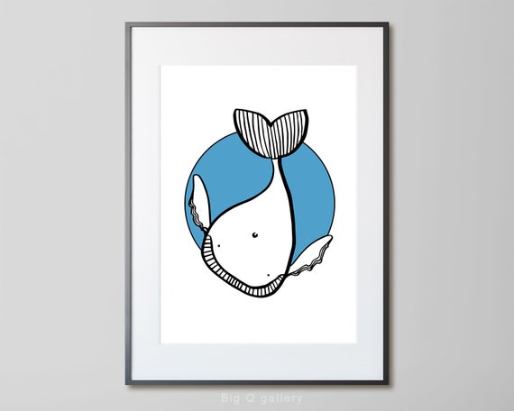 Cute Whale Drawing Printable Wall Art Black And Blue Etsy
