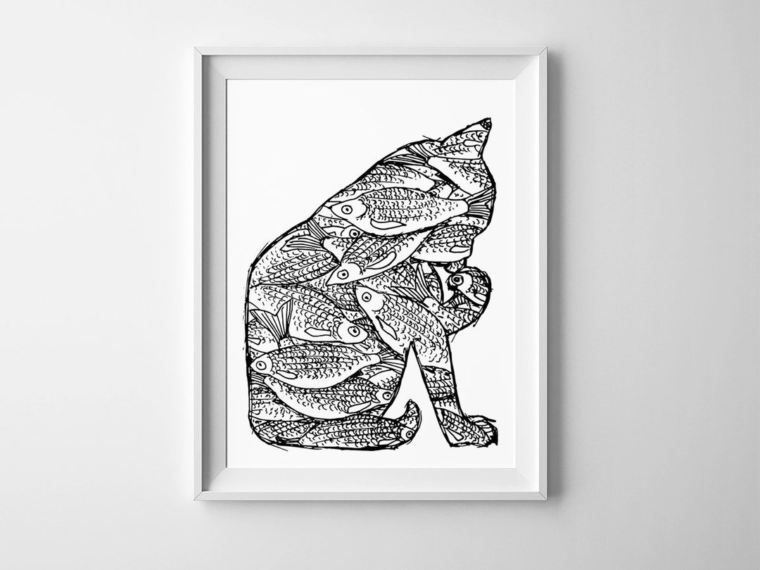 Cat Graphic Printable Wall Art Cute Cat With Fish Black and White ...