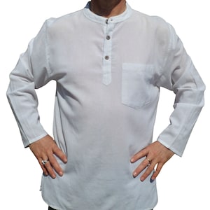 Fair Trade Nepal Light Cotton Hippy Boho Festival Surf Kurta Shirt White S To 5XL