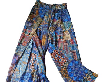 Nepalese Blue/Multicolour Silk Trousers Palazzo Pants 12/14 S/M