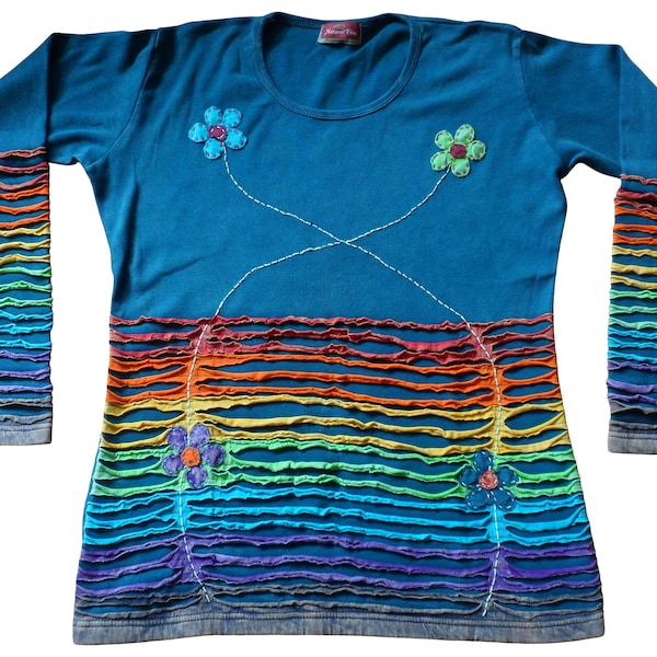 Nepalesische Baumwolle Applikation Blumen Hippy Festival Regenbogen Razor Cut T-Shirt Top