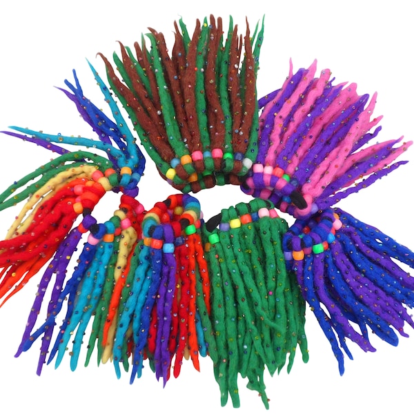 Fair Trade Felt Wool 16 Strand/Knot Beaded Elasticated Hair Scrunchy Dreadlocks - 2 Pack