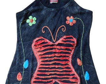 Nepalese Cotton Applique Flower Embroidery & Razor Cut Butterfly Vest/Tank Top