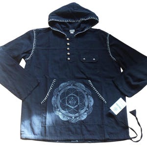 May include: Black hooded shirt with a geometric design. The shirt has long sleeves, a front pocket, and white stitching. It features a drawstring and a tag with the brand name.