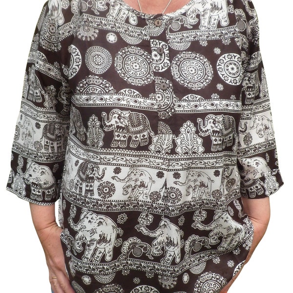 Fair Trade Rayon Elephant Print Ladies Blouse S/M L/Xl 10 12 14 16 18 20