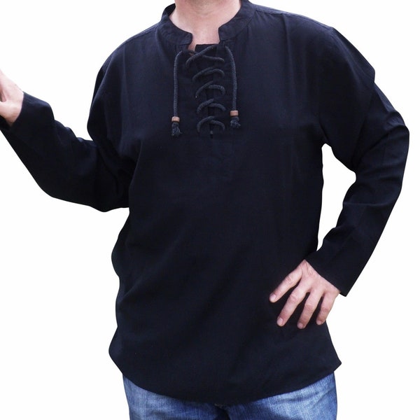 Fair Trade Cotton Larp Gothic Pirate Kurta Shirt Pre-Wash Generous Sizing M-5XL+ Black