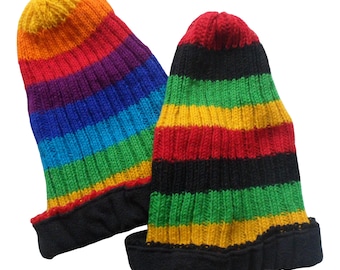 Fairtrade Wool Hippy Boho Skate/Ski Fleece Lined Beanie Ribbed Rasta/Rainbow Hat