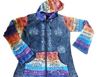 May include: A black hooded jacket with a zipper closure and colorful embroidered details. The jacket has a patchwork design with various colors and patterns, including orange, blue, green, and purple. The hood is lined with a purple fabric.