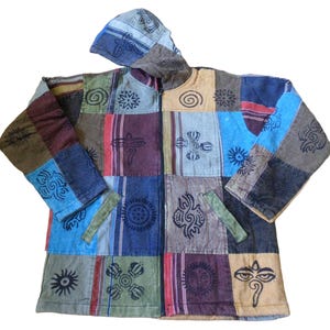 May include: A patchwork hooded jacket with a zip closure. The jacket is made of different coloured fabrics and features various printed designs.
