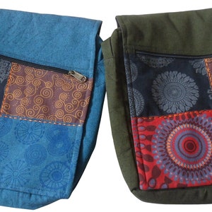 May include: Two messenger bags with patchwork designs. One bag is teal, the other is olive green. Each bag has a front pocket with a zip and four colourful fabric squares with circular and swirl patterns.