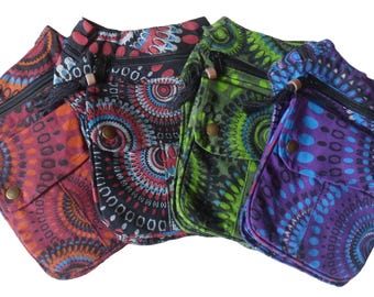 May include: Three colorful fabric waist bags with a mandala pattern. Each bag has a zippered pocket and a flap with a button closure.