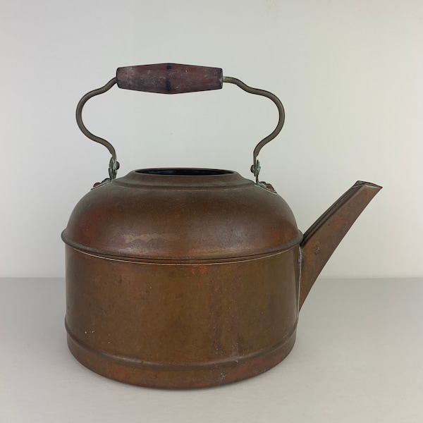 Vintage Rome Copper Kettle with Handle / Kettle with Patina / Wood Handle / Long Spout