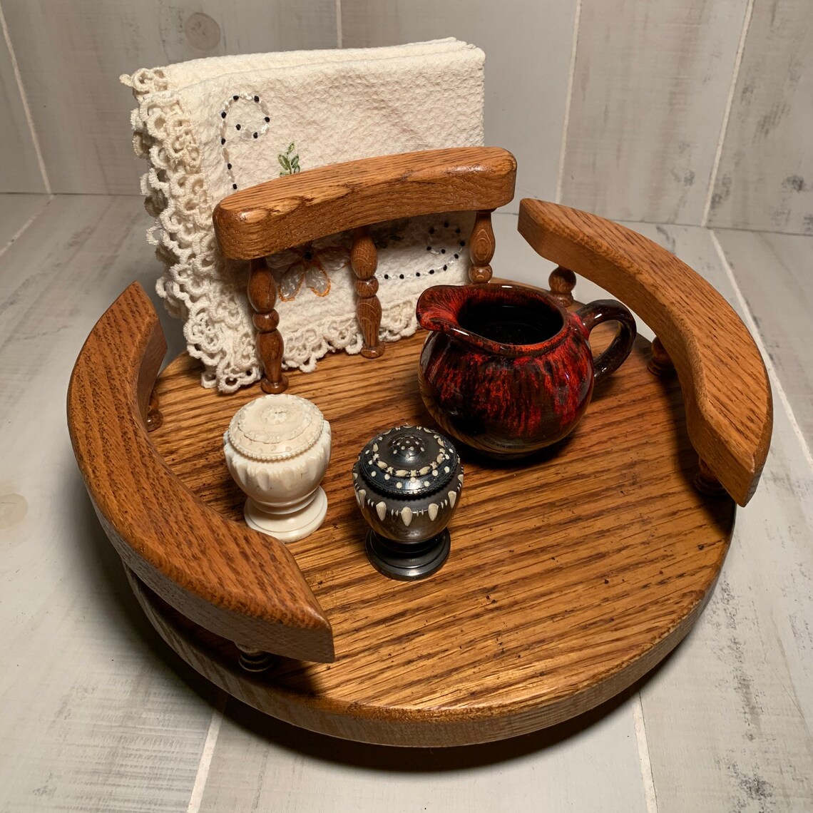 Vintage Oak Lazy Susan with Napkin Holder / Side Rails / Table Etsy