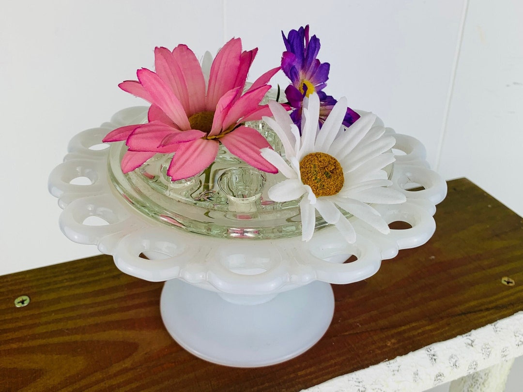 Vintage Milk Glass Compote Dish With Glass Flower Frog Etsy