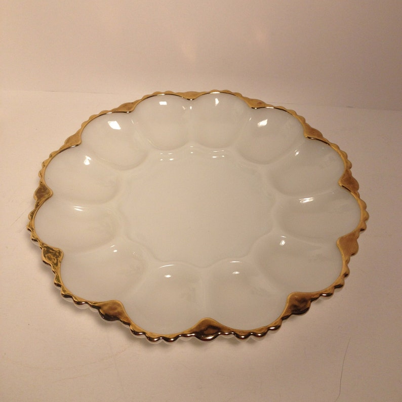 Milk Glass Egg Plate With Gold Trim / Easter / Anchor Hocking Etsy
