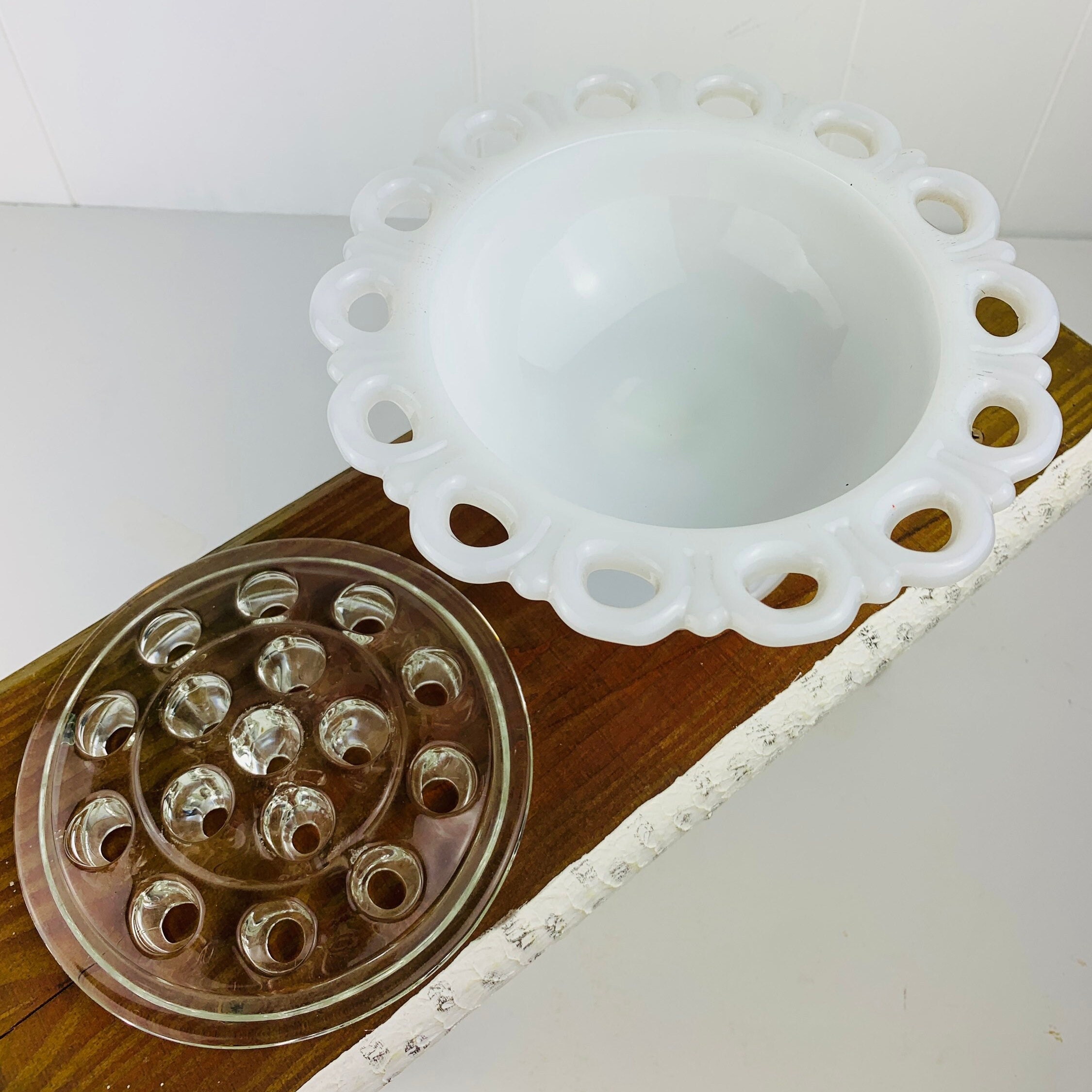 Vintage Milk Glass Compote Dish With Glass Flower Frog Etsy