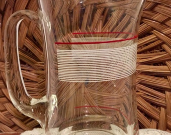 Vintage Glass Pitcher, Red White Stripes, Mid Century Modern Glassware