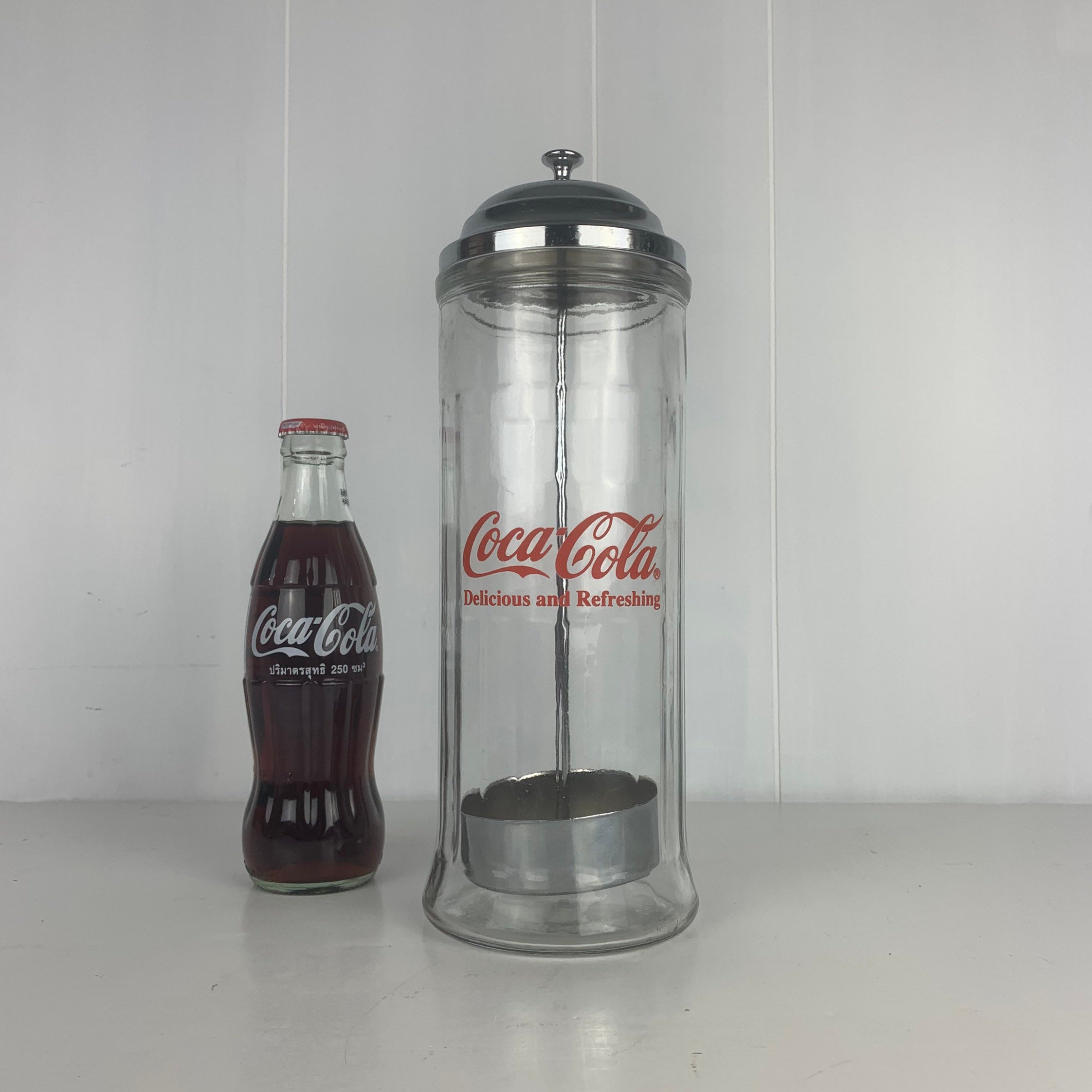 Vintage Coca-cola Straw Dispenser / Straw Holder / Ice Cream Parlor Style /  Metal Dispenser / Tall Glass Storage Jar / Kitchen Organization 