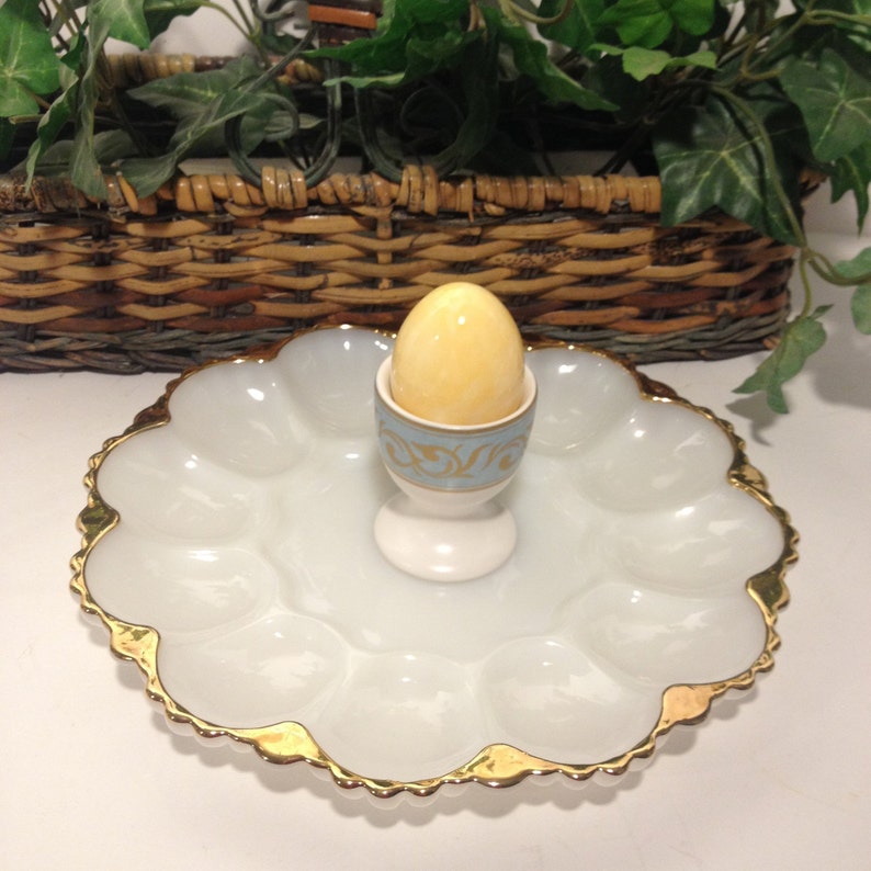 Milk Glass Egg Plate With Gold Trim / Easter / Anchor Hocking Etsy