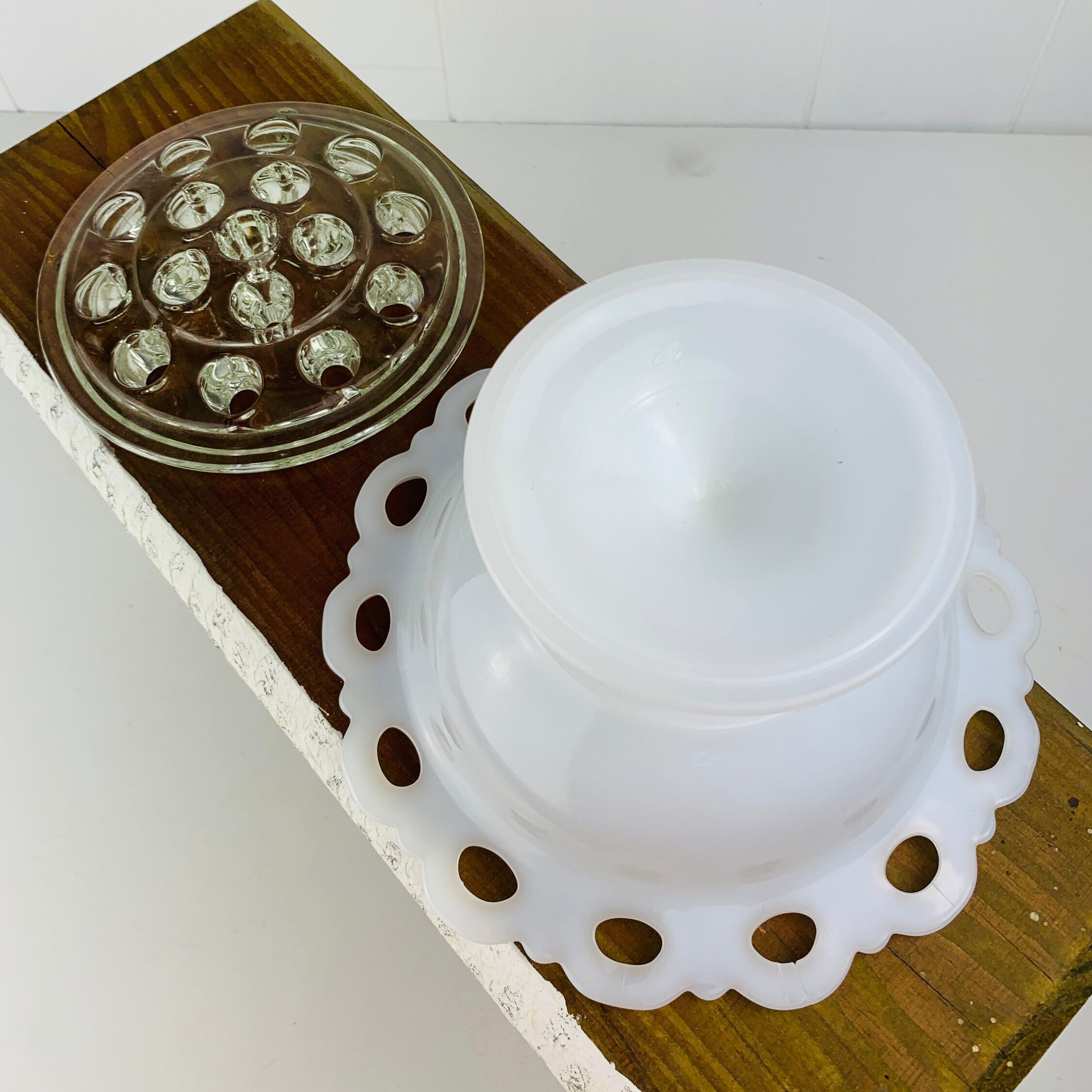 Vintage Milk Glass Compote Dish With Glass Flower Frog Etsy