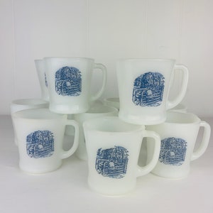 Vintage Currier & Ives Glasbake Mugs with Handle / Set of Four / Children on Gate Pattern